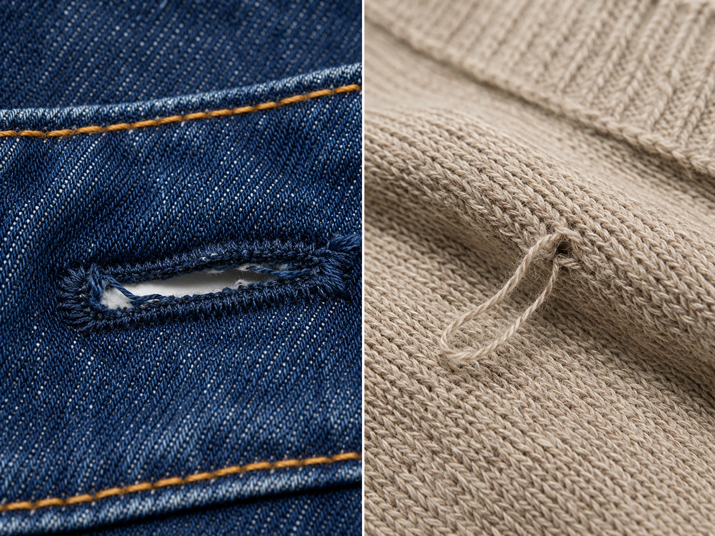 Split image showing a denim buttonhole with incomplete stitching next to a loose thread inside a knitted sweater