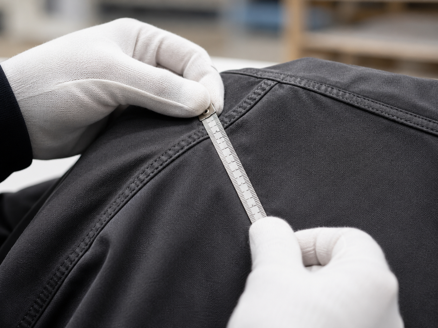 Gloved hands measuring a garment seam with a tape measure during apparel quality inspection