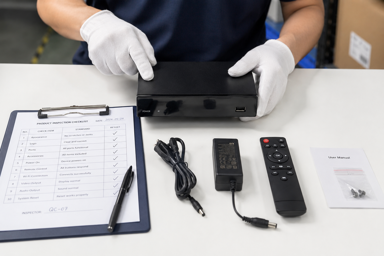 Inspector checking an unboxed electronic device and its accessories laid out on a table during quality inspection