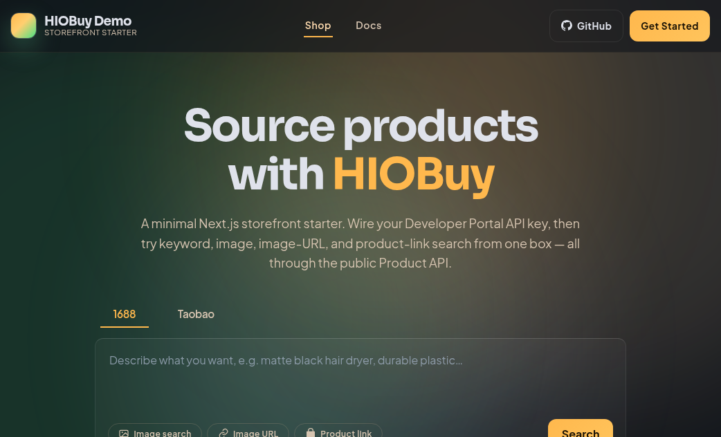 HIOBuy starter demo homepage with 1688/Taobao search box