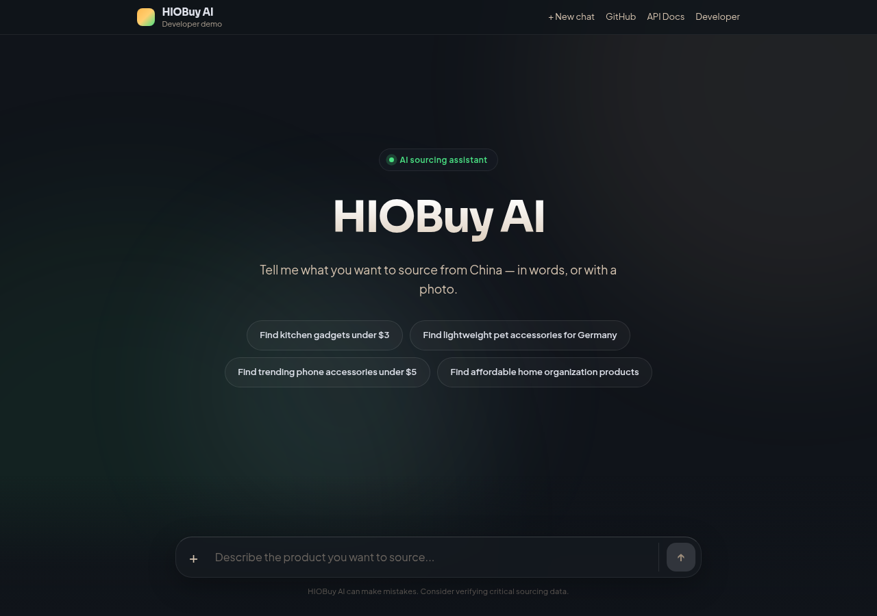Welcome UI at ai-product-finder.demo.hiobuy.com